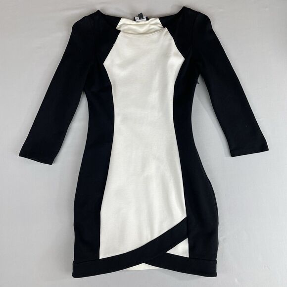 Bebe Bodycon Mini Dress Women’s Small Black White Stretch Side Zip 3/4 Sleeve - Picture 16 of 16